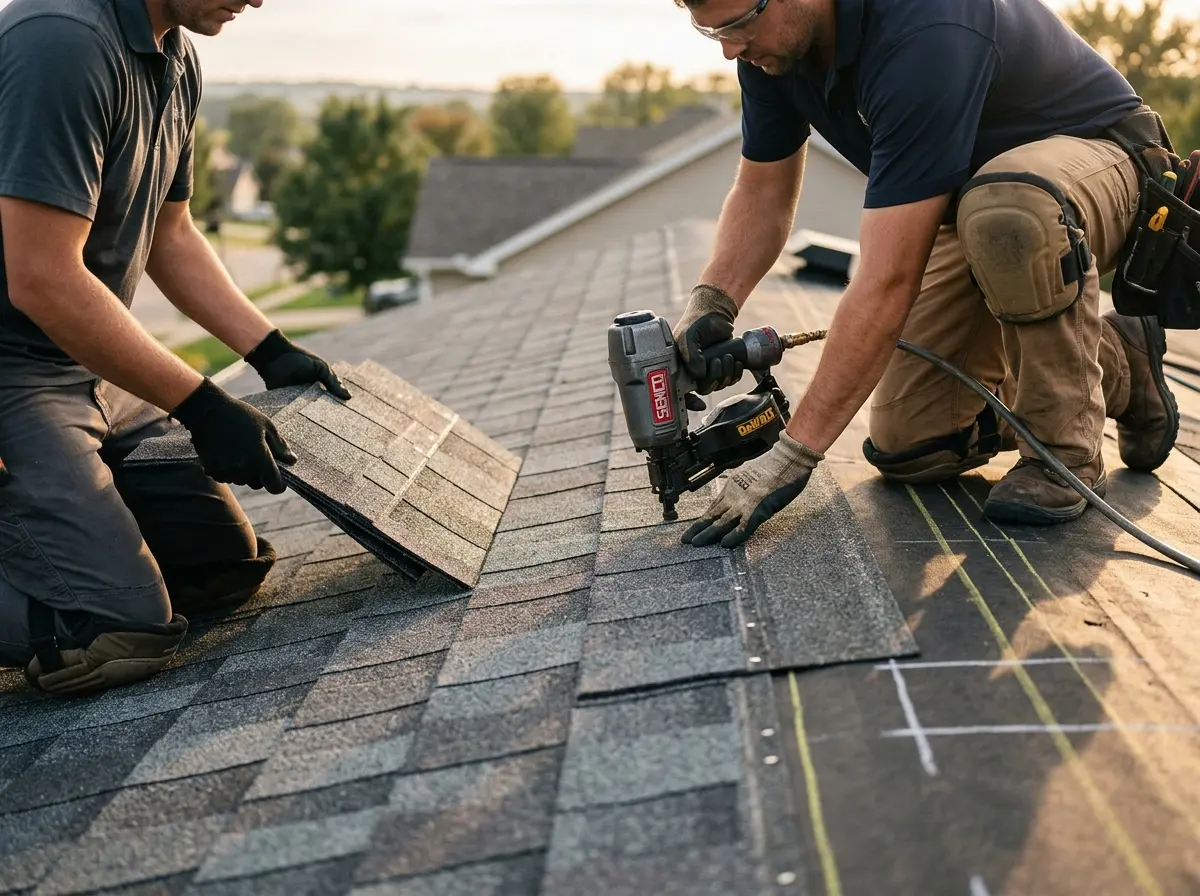 Professional roofer working on a residential roof in Center